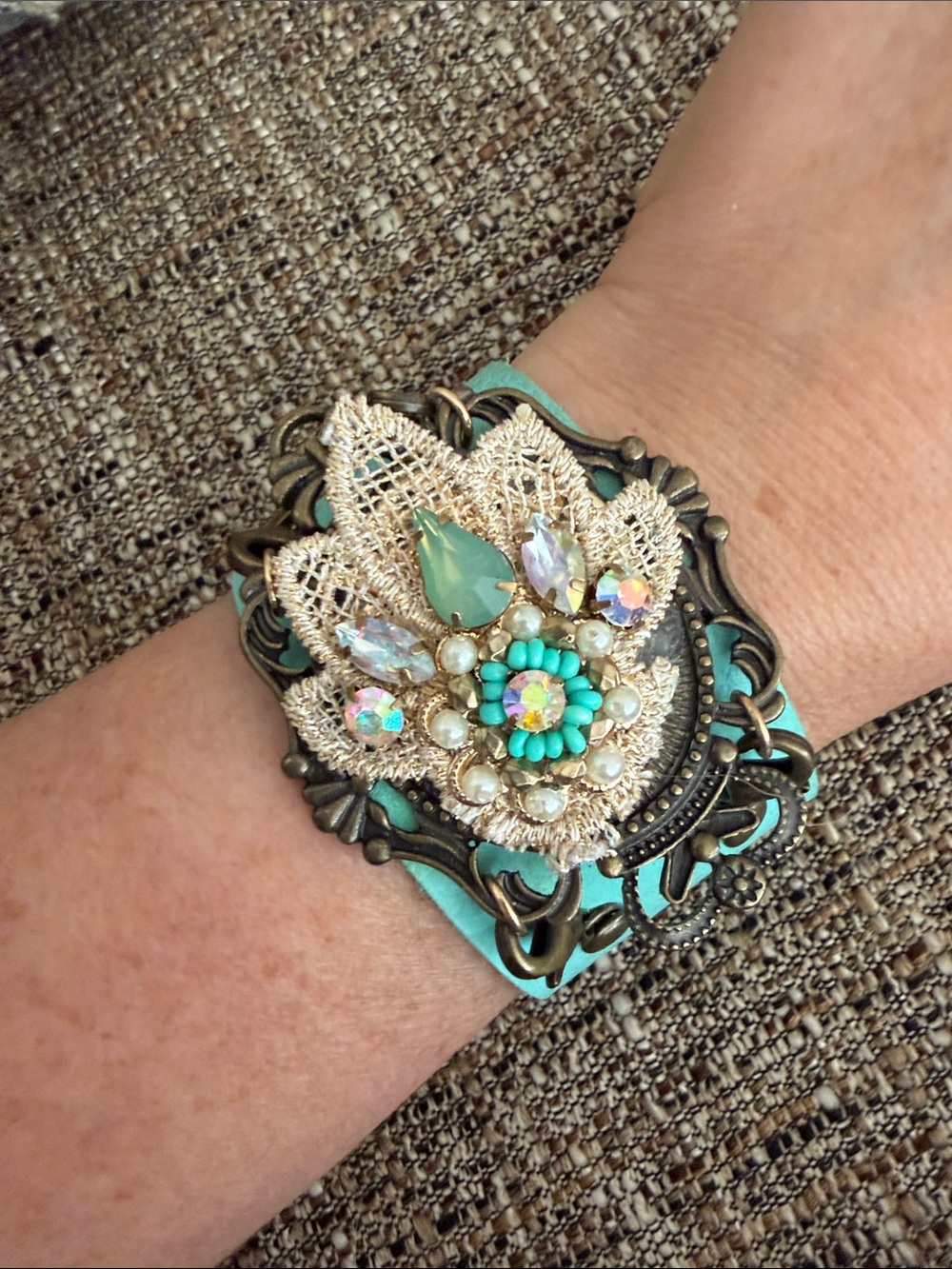 Plunder Turquoise and Cream Ornate Lace Cuff Bracelet